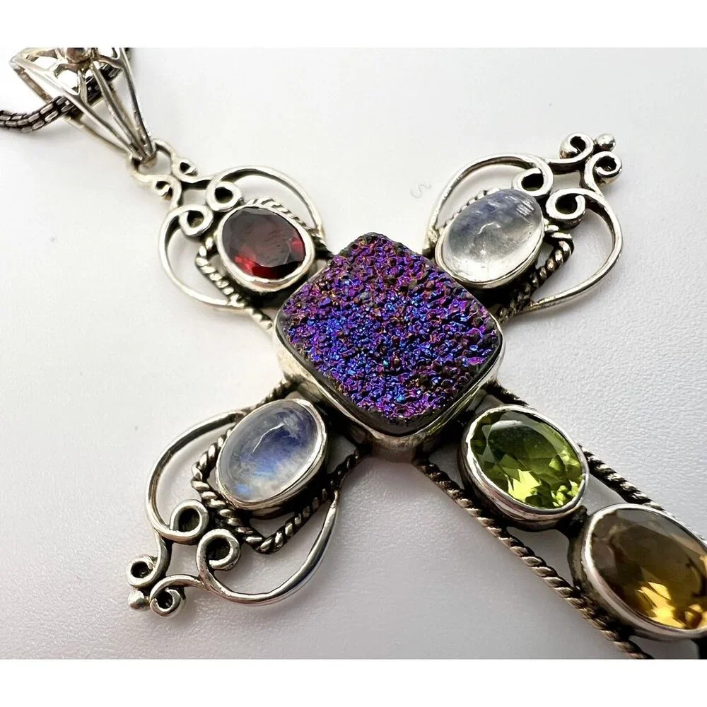 NICKY BUTLER 925 Silver Druzy Gemstone Cross Pendant Necklace - Picture 5 of 15